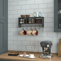 Flash Furniture HFMHD-GDI-CRE8-112315-GG Daly Wall Mounted 24 Inch Solid Pine Wood Storage Rack with Upper Shelf, 5 Hooks, Wire Baskets For Entryway, Kitchen, Bathroom in Blackwashed